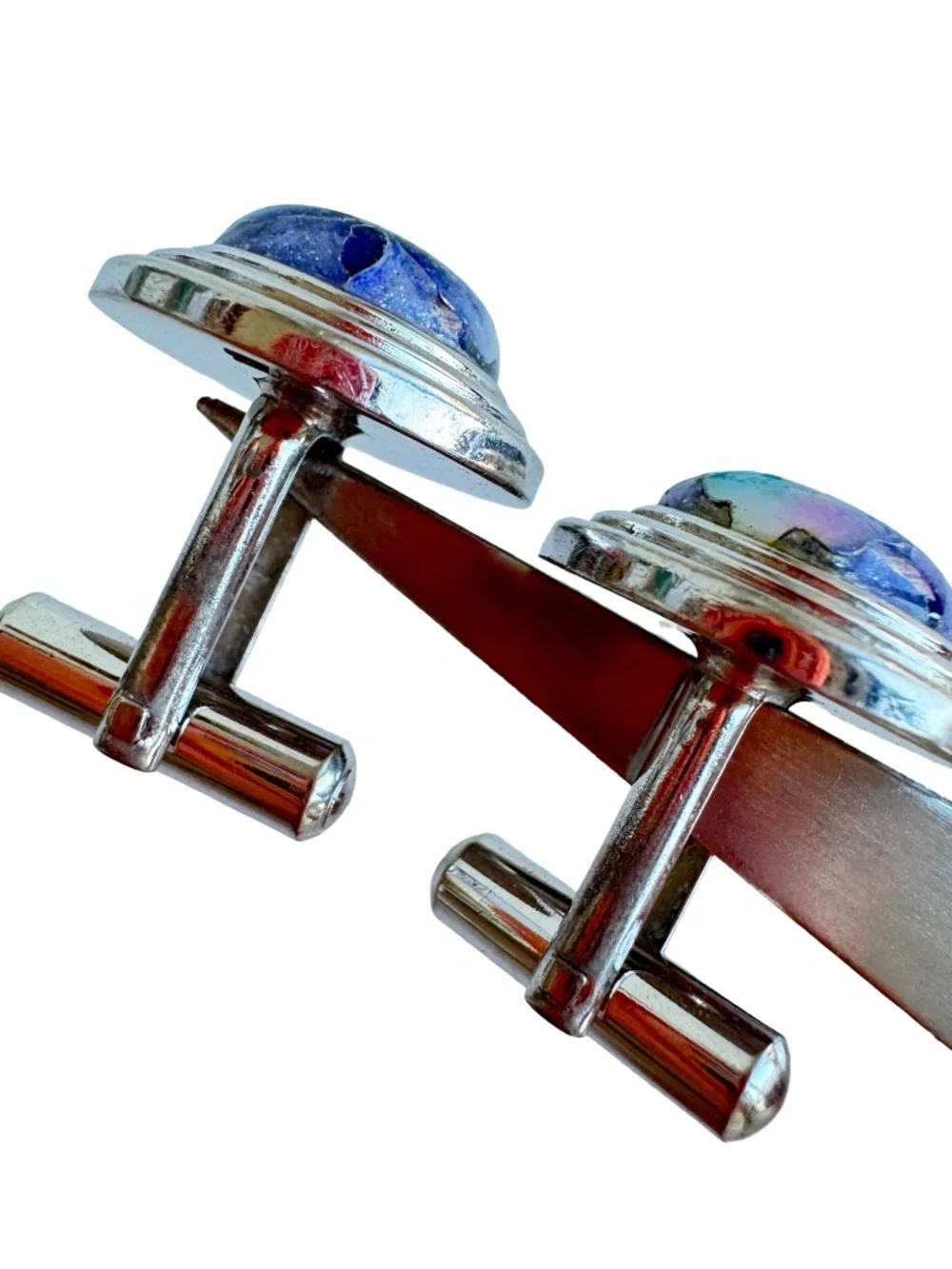 Japanese Cloisonne Cufflinks Blue White Floral Enamel Vintage Wedding Suits Wear
